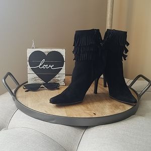 Stuart Weitzman black suede fringe ankle boot